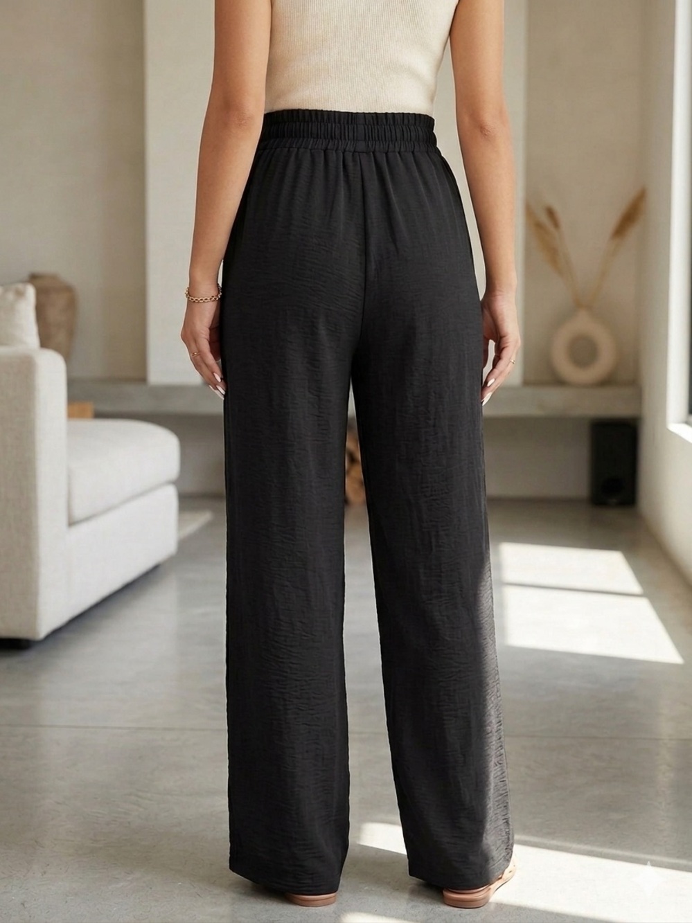 Women's Black Wide-Leg Drawstring Pants